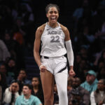 Oct 1, 2024; Brooklyn, New York, USA; Las Vegas Aces center A'ja Wilson (22) celebrates after scoring in the fourth quarter against the New York Liberty during game two of the 2024 WNBA Semi-finals at Barclays Center