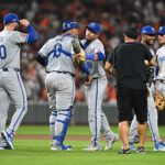 Oct 2, 2024; Baltimore, Maryland, USA; Kansas City Royals players celebrate after defeating the Baltimore Orioles in game two of the Wild Card round for the 2024 MLB Playoffs at Oriole Park at Camden Yards. Mandatory Credit: Tommy Gilligan-Imagn Images