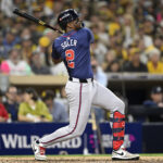 Oct 2, 2024; San Diego, California, USA; Atlanta Braves outfielder Jorge Soler (2) hits a solo home run during the fifth inning of game two in the Wildcard round for the 2024 MLB Playoffs against the San Diego Padres at Petco Park. Mandatory Credit: Denis Poroy-Imagn Images