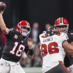 Oct 3, 2024; Atlanta, Georgia, USA; Atlanta Falcons quarterback Kirk Cousins (18) passes the ball against the Tampa Bay Buccaneers in the second half at Mercedes-Benz Stadium. Mandatory Credit: Dale Zanine-Imagn Images