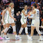 Oct 4, 2024; Uncasville, Connecticut, USA; Minnesota Lynx forward Napheesa Collier (24) celebrates with teammates during the second half against the Connecticut Sun during game three of the 2024 WNBA Semi-finals at Mohegan Sun Arena.