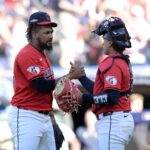 Oct 5, 2024; Cleveland, Ohio, USA; Cleveland Guardians pitcher Emmanuel Clase (48) and Cleveland Guardians catcher Bo Naylor (23) celebrate after defeating the Detroit Tigers in game one of the ALDS for the 2024 MLB Playoffs at Progressive Field. Mandatory Credit: Ken Blaze-Imagn Images