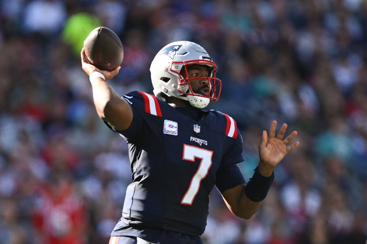 Oct 6, 2024; Foxborough, Massachusetts, USA; New England Patriots quarterback Jacoby Brissett (7) throws against the Miami Dolphins during the second half at Gillette Stadium.