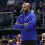 Oct 6, 2024; Detroit, Michigan, USA; Detroit Pistons head coach J.B. Bickerstaff looks on in the first half against the Milwaukee Bucks at Little Caesars Arena.