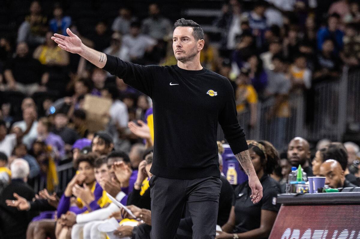 Oct 6, 2024; Palm Desert, California, USA; Los Angeles Lakers head coach JJ Redick reacts against the Phoenix Suns during the second half at Acrisure Arena