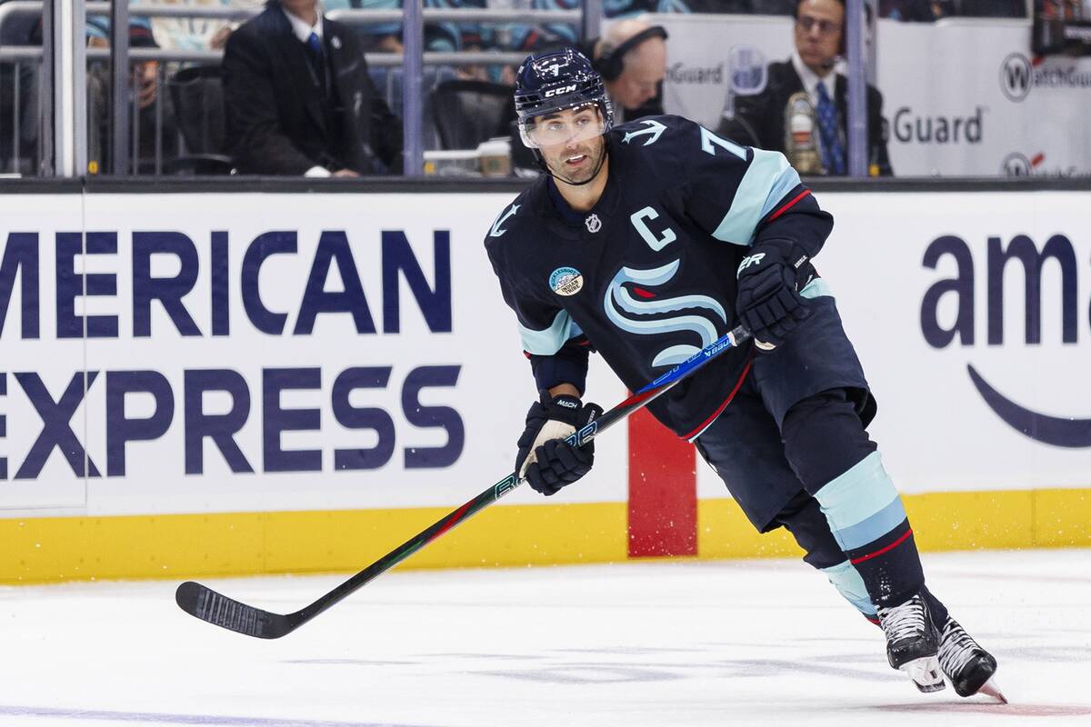 Oct 8, 2024; Seattle, Washington, USA; Seattle Kraken right wing Jordan Eberle (7) skates against the St. Louis Blues during the second period at Climate Pledge Arena. Mandatory Credit: Caean Couto-Imagn Images