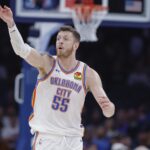 Oct 9, 2024; Oklahoma City, Oklahoma, USA; Oklahoma City Thunder center Isaiah Hartenstein (55) gestures after a play against the Houston Rockets during the second quarter at Paycom Center. Mandatory Credit: Alonzo Adams-Imagn Images