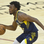 Oct 10, 2024; Cleveland, Ohio, USA; Indiana Pacers center James Wiseman (13) dribbles in the third quarter against the Cleveland Cavaliers at Rocket Mortgage FieldHouse.