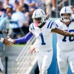 Indianapolis Colts wide receiver Josh Downs (1) brings in a touchdown against the Tennessee Titans during the first quarter at Nissan Stadium in Nashville, Tenn., Sunday, Oct. 13, 2024.