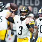 Oct 13, 2024; Paradise, Nevada, USA; Pittsburgh Steelers quarterback Russell Wilson (3) warms up before a game against the Las Vegas Raiders at Allegiant Stadium. Mandatory Credit: Stephen R. Sylvanie-Imagn Images