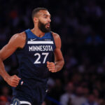 Oct 13, 2024; New York, New York, USA; Minnesota Timberwolves center Rudy Gobert (27) runs up court after a basket against the New York Knicks during the first half at Madison Square Garden.