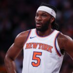 Oct 13, 2024; New York, New York, USA; New York Knicks forward Precious Achiuwa (5) looks on during the first half against the Minnesota Timberwolves at Madison Square Garden. Mandatory Credit: Vincent Carchietta-Imagn Images