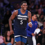 Oct 13, 2024; New York, New York, USA; Minnesota Timberwolves guard Anthony Edwards (5) reacts after making a basket against the New York Knicks during the first half at Madison Square Garden