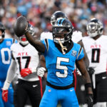 NFL - Oct 13, 2024; Charlotte, North Carolina, USA; Carolina Panthers wide receiver Diontae Johnson (5) reacts after making a catch in the second quarter at Bank of America Stadium. Mandatory Credit: Bob Donnan-Imagn Images