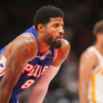 Oct 14, 2024; Atlanta, Georgia, USA; Philadelphia 76ers forward Paul George (8) in action against the Atlanta Hawks in the second quarter at State Farm Arena.