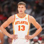 Oct 14, 2024; Atlanta, Georgia, USA; Atlanta Hawks guard Bogdan Bogdanovic (13) in action against the Philadelphia 76ers in the second quarter at State Farm Arena.