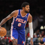 Oct 14, 2024; Atlanta, Georgia, USA; Philadelphia 76ers forward Paul George (8) dribbles against the Atlanta Hawks in the second quarter at State Farm Arena.