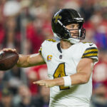Oct 7, 2024; Kansas City, Missouri, USA; New Orleans Saints quarterback Derek Carr (4) throws a pass during the first half against the Kansas City Chiefs at GEHA Field at Arrowhead Stadium. Mandatory Credit: Jay Biggerstaff-Imagn Images