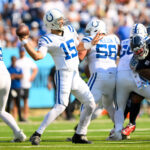 Oct 13, 2024; Nashville, Tennessee, USA; Indianapolis Colts quarterback Joe Flacco (15) passes the ball against the Tennessee Titans during the second half at Nissan Stadium. Mandatory Credit: Steve Roberts-Imagn Images