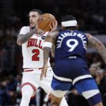 Oct 16, 2024; Chicago, Illinois, USA; Chicago Bulls guard Lonzo Ball (2) looks to pass the ball against the Minnesota Timberwolves during the second half at United Center. Mandatory Credit: Kamil Krzaczynski-Imagn Images