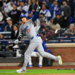 Oct 17, 2024; New York City, New York, USA; Los Angeles Dodgers two-way player Shohei Ohtani (17) reacts after hitting a solo home run against the New York Mets in the first inning during game four of the NLCS for the 2024 MLB playoffs at Citi Field. Mandatory Credit: John Jones-Imagn Images