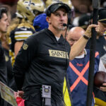 Oct 17, 2024; New Orleans, Louisiana, USA; New Orleans Saints head coach Dennis Allen reacts against the Denver Broncos during the second quarter at Caesars Superdome. Mandatory Credit: Matthew Hinton-Imagn Images