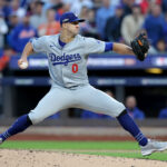 Oct 18, 2024; New York City, New York, USA; Los Angeles Dodgers starting pitcher Jack Flaherty (0) pitches against the New York Mets during the second inning of game five of the NLCS during the 2024 MLB playoffs at Citi Field. Mandatory Credit: Brad Penner-Imagn Images