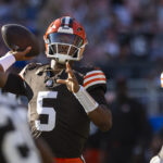 Oct 20, 2024; Cleveland, Ohio, USA; Cleveland Browns quarterback Jameis Winston (5) throws the ball during the fourth quarter against the Cincinnati Bengals at Huntington Bank Field. Mandatory Credit: Scott Galvin-Imagn Images