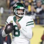 NFL Free Agency - Oct 20, 2024; Pittsburgh, Pennsylvania, USA; New York Jets quarterback Aaron Rodgers (8) looks to pass against the Pittsburgh Steelers during the first quarter at Acrisure Stadium. Mandatory Credit: Charles LeClaire-Imagn Images