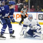Oct 21, 2024; Toronto, Ontario, CAN; Tampa Bay Lightning goaltender Jonas Johansson (31) makes a save against Tampa Bay Lightning goaltender Jonas Johansson (31) during the third period at Scotiabank Arena. Mandatory Credit: John E. Sokolowski-Imagn Images