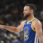Oct 15, 2024; Las Vegas, Nevada, USA; Golden State Warriors guard Stephen Curry (30) on court against the Los Angeles Lakers in the third quarter during a preseason game at T-Mobile Arena.