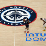 Oct 23, 2024; Inglewood, California, USA; A general overall view as LA Clippers guard James Harden (1) dribbles the ball against Phoenix Suns forward Kevin Durant (35) on the Clippers logo at midcourt at Intuit Dome.