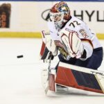 Oct 24, 2024; New York, New York, USA; Florida Panthers goaltender Sergei Bobrovsky (72) makes a save on a shot on goal attempt in the second period against the New York Rangers at Madison Square Garden. Mandatory Credit: Wendell Cruz-Imagn Images