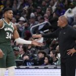 Oct 25, 2024; Milwaukee, Wisconsin, USA; Milwaukee Bucks head coach Doc Rivers takes Milwaukee Bucks forward Giannis Antetokounmpo (34) out of the game in the fourth quarter against the Chicago Bulls at Fiserv Forum. Mandatory Credit: Michael McLoone-Imagn Images