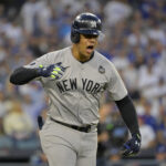Oct 26, 2024; Los Angeles, California, USA; New York Yankees outfielder Juan Soto (22) celebrates after hitting a solo home run in the third inning against the Los Angeles Dodgers during game two of the 2024 MLB World Series at Dodger Stadium. Mandatory Credit: Jayne Kamin-Oncea-Imagn Images