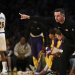 Oct 26, 2024; Los Angeles, California, USA; Los Angeles Lakers head coach JJ Redick reacts against the Sacramento Kings during the first half at Crypto.com Arena. Mandatory Credit: Jonathan Hui-Imagn Images