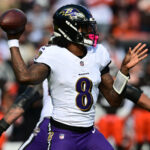 Oct 27, 2024; Cleveland, Ohio, USA; Baltimore Ravens quarterback Lamar Jackson (8) throws a pass during the first half against the Cleveland Browns at Huntington Bank Field. Mandatory Credit: Ken Blaze-Imagn Images