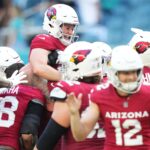 Oct 27, 2024; Miami Gardens, Florida, USA; Arizona Cardinals place kicker Chad Ryland, center, celebrates his game winning field goal against the Miami Dolphins as time runs out at Hard Rock Stadium. Mandatory Credit: Jim Rassol-Imagn Images