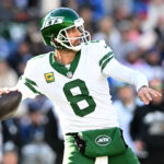 Oct 27, 2024; Foxborough, Massachusetts, USA; New York Jets quarterback Aaron Rodgers (8) looks to pass against the New England Patriots during the second half at Gillette Stadium. Mandatory Credit: Brian Fluharty-Imagn Images