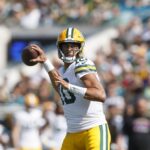 Oct 27, 2024; Jacksonville, Florida, USA; Green Bay Packers quarterback Jordan Love (10) throws a pass against the Jacksonville Jaguars during the first quarter at EverBank Stadium. Mandatory Credit: Morgan Tencza-Imagn Images