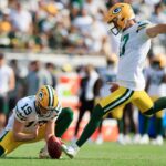 Green Bay Packers place kicker Brandon McManus (17) kicks a point after try as punter Daniel Whelan (19) holds during the fourth quarter of an NFL football matchup Sunday, Oct. 27, 2024 at EverBank Stadium in Jacksonville, Fla. The Packers edged the Jaguars 30-27 on a last-second field goal.