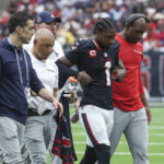 Oct 27, 2024; Houston, Texas, USA; Houston Texans wide receiver Stefon Diggs (1) walks off the field after an apparent injury during the third quarter against the Indianapolis Colts at NRG Stadium. Mandatory Credit: Troy Taormina-Imagn Images