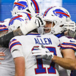 Oct 27, 2024; Seattle, Washington, USA; Buffalo Bills tight end Dalton Kincaid (86) celebrates with quarterback Josh Allen (17) after catching a touchdown pass against the Seattle Seahawks during the second quarter at Lumen Field.