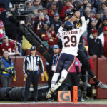 Oct 27, 2024; Landover, Maryland, USA; Washington Commanders tight end Zach Ertz (86) attempts to catch a touchdown pass as Chicago Bears cornerback Tyrique Stevenson (29) defends during the second quarter at Northwest Stadium. Mandatory Credit: Geoff Burke-Imagn Images
