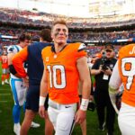 Oct 27, 2024; Denver, Colorado, USA; Denver Broncos quarterback Bo Nix (10) following the win against the Carolina Panthers at Empower Field at Mile High. Mandatory Credit: Ron Chenoy-Imagn Images