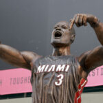 Oct 28, 2024; Miami, Florida, USA; A general view of the new Dwyane Wade statue in front of the Kaseya Center. Mandatory