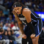 Oct 28, 2024; Orlando, Florida, USA; Orlando Magic forward Paolo Banchero (5) looks on against the Indiana Pacers in the second quarter at Kia Center.