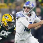 Green Bay Packers defensive tackle Devonte Wyatt (95) chases Detroit Lions quarterback Jared Goff (16) during their football game Thursday, September 28, 2023, at Lambeau Field in Green Bay, Wis.