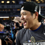 Oct 30, 2024; New York, New York, USA; Los Angeles Dodgers designated hitter Shohei Ohtani (17) celebrates after winning the 2024 MLB World Series against the New York Yankees at Yankee Stadium. Mandatory Credit: Vincent Carchietta-Imagn Images