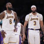 May 20, 2023; Los Angeles, California, USA; Los Angeles Lakers forward LeBron James (6) and forward Anthony Davis (3) react in the fourth quarter against the Denver Nuggets during game three of the Western Conference Finals for the 2023 NBA playoffs at Crypto.com Arena. Mandatory Credit: Kirby Lee-Imagn Images